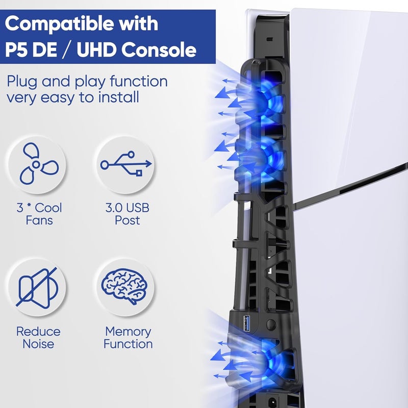 FASTSNAIL Cooling Fan for PS5 Slim Console, Quiet Cooling System with Memory Function and LED Light, Cooler Accessories with 3 High-Speed Fans & USB 3.0 Port for New PlayStation 5 Slim - Image 5